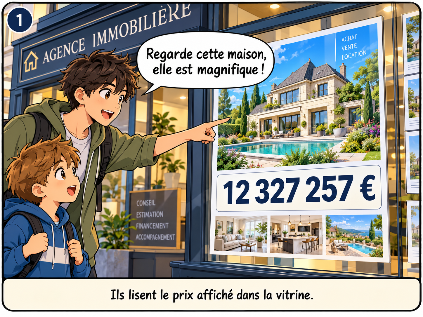 Grand frère et petit frère devant une agence immobilière