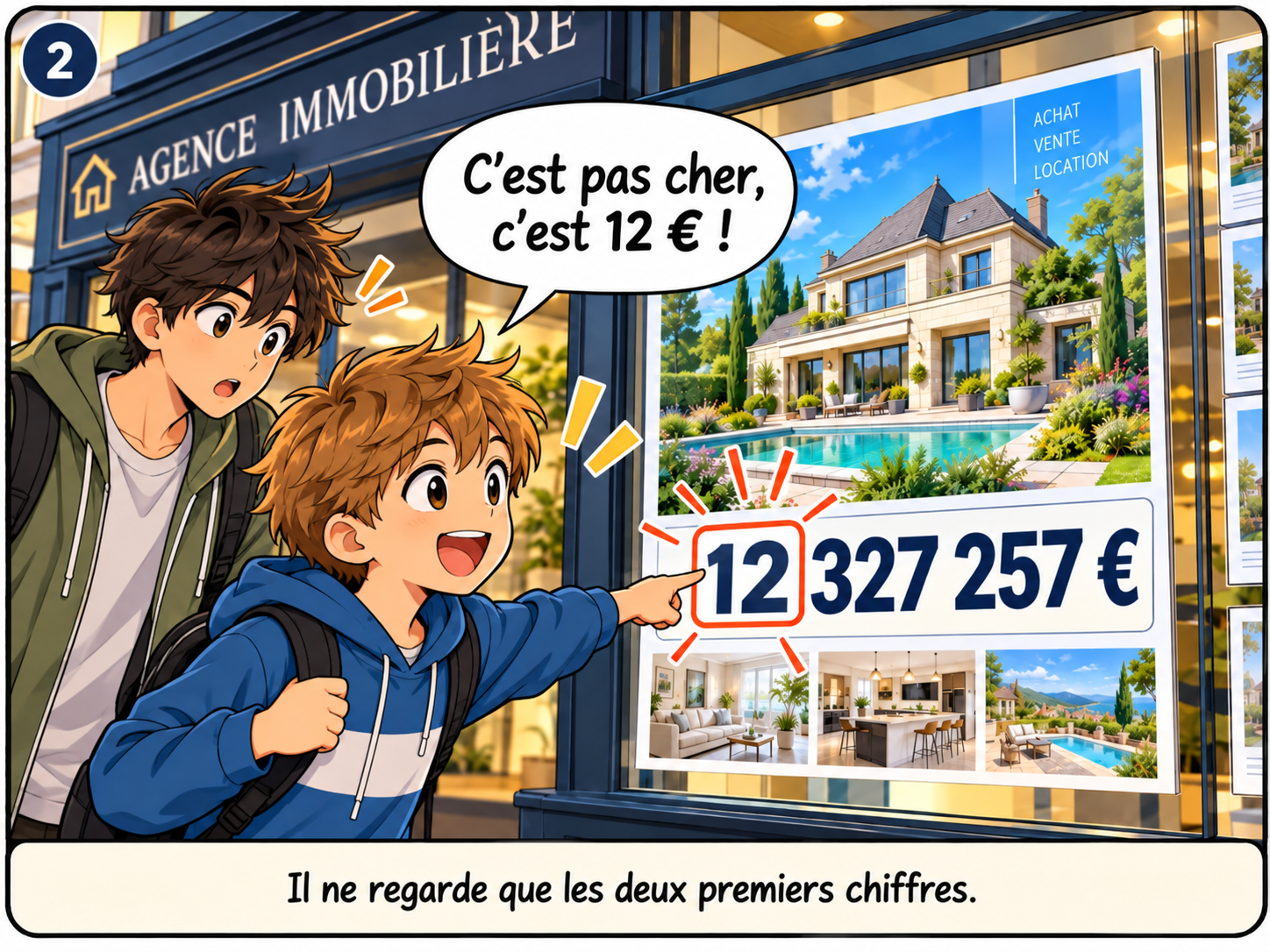 Le petit frère pense que la maison coûte 12 euros