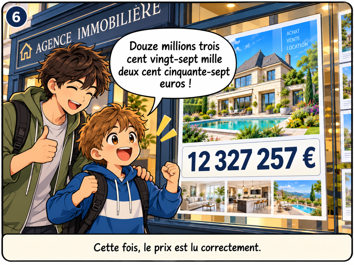 Le petit frère lit correctement le prix