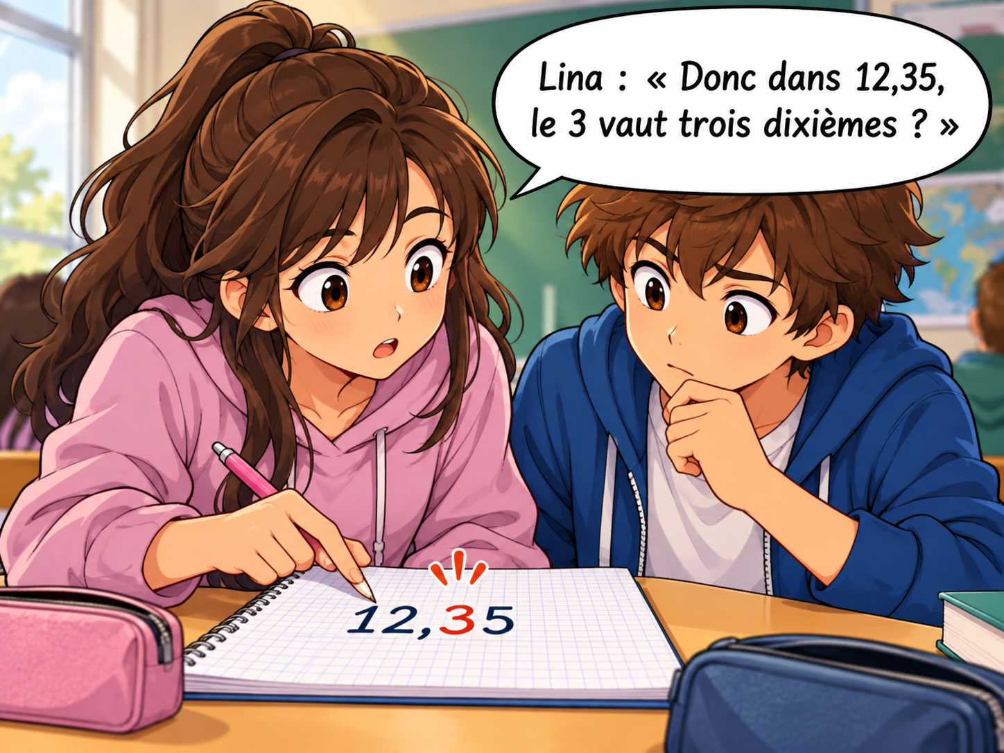 Lina demande si le 3 vaut trois dixièmes dans 12,35