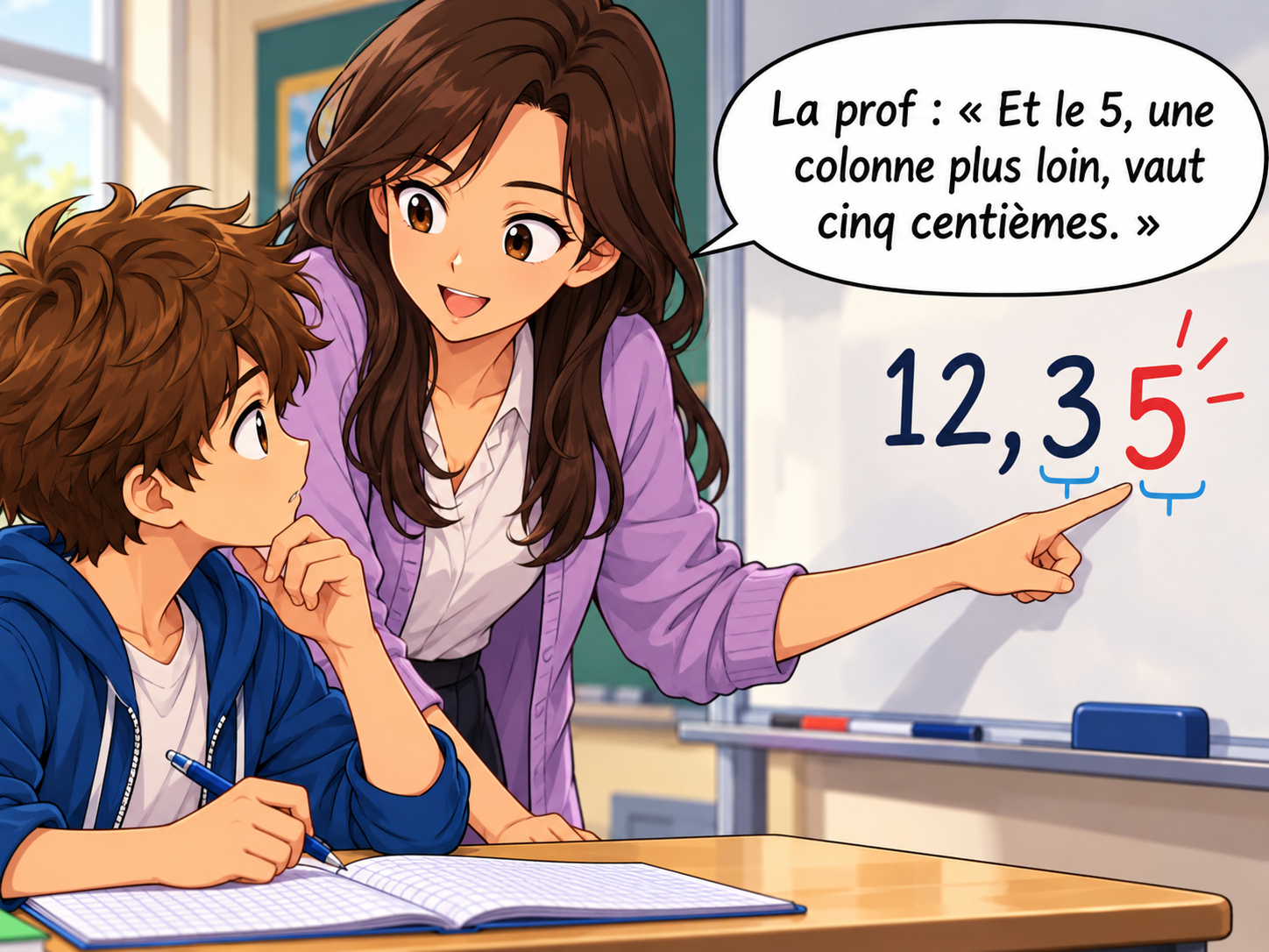 La prof explique que le 5 vaut cinq centièmes