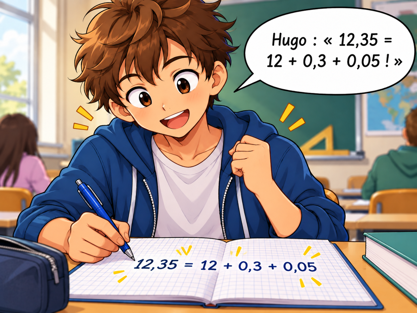 Hugo décompose 12,35 en 12 + 0,3 + 0,05